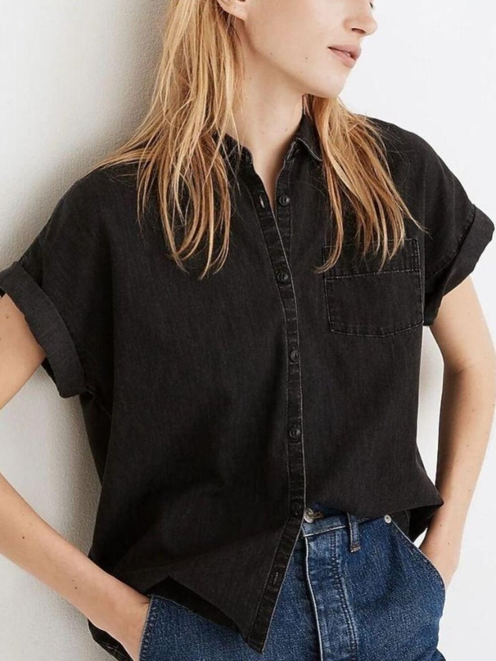 Madewell Shirt Women's Black Lunar Wash Denim Rolled- Sleeve Button Up